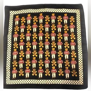 Vintage Square Teddy Bear Scarf, Red, White, Black, Yellow. 23”, Polyester